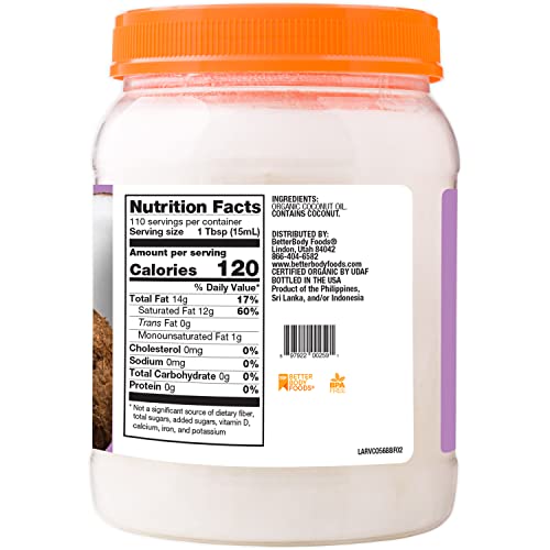 BetterBody Foods Organic Virgin Coconut Oil — Cold-Pressed and Unrefined Coconut Oil, Medium Temperature Cooking Oil, Great Alternative To Butter, Light Coconut Flavor and Aroma, 56 Ounce - Image 3