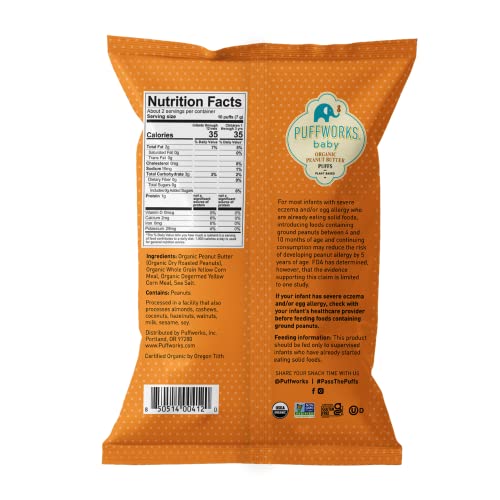 Puffworks Baby Organic Peanut Butter Puffs, Perfect for Early Peanut Introduction for Allergy Prevention, Plant-Based Protein, USDA Organic, Gluten-Free, Vegan, Non-GMO, Kosher, 0.5 Ounce (Pack of 12) - Image 6