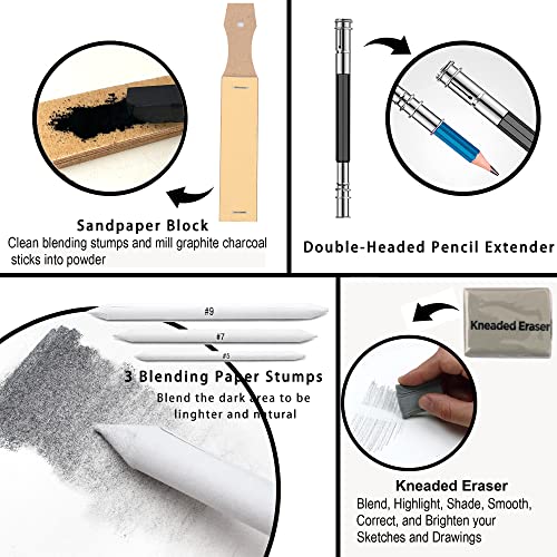 KALOUR 54-Pack Sketch Drawing Pencils Kit with Sketchbook,Include Graphite,Charcoal Pencils and Artists Tools,Pro Art Drawing Supplies for Adults Kids Beginners,ideal for Sketching Shading - Image 4