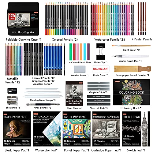 124 PCS Drawing Kit, Shuttle Art Professional Drawing Supplies with Sketch, Charcoal, Colored, Graphite, Pastel Pencils & Sticks, Complete Drawing Tools and Paper Pads in Zipper Case for Artists& Kids - Image 8