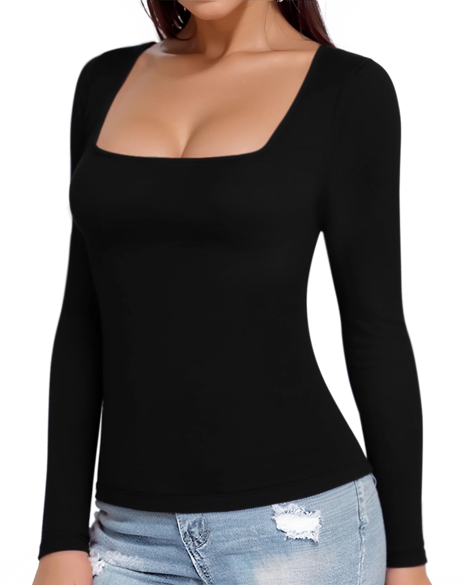 MANGOPOP Womens Long Sleeve Square Neck T Shirts Tops Tees - Image 4